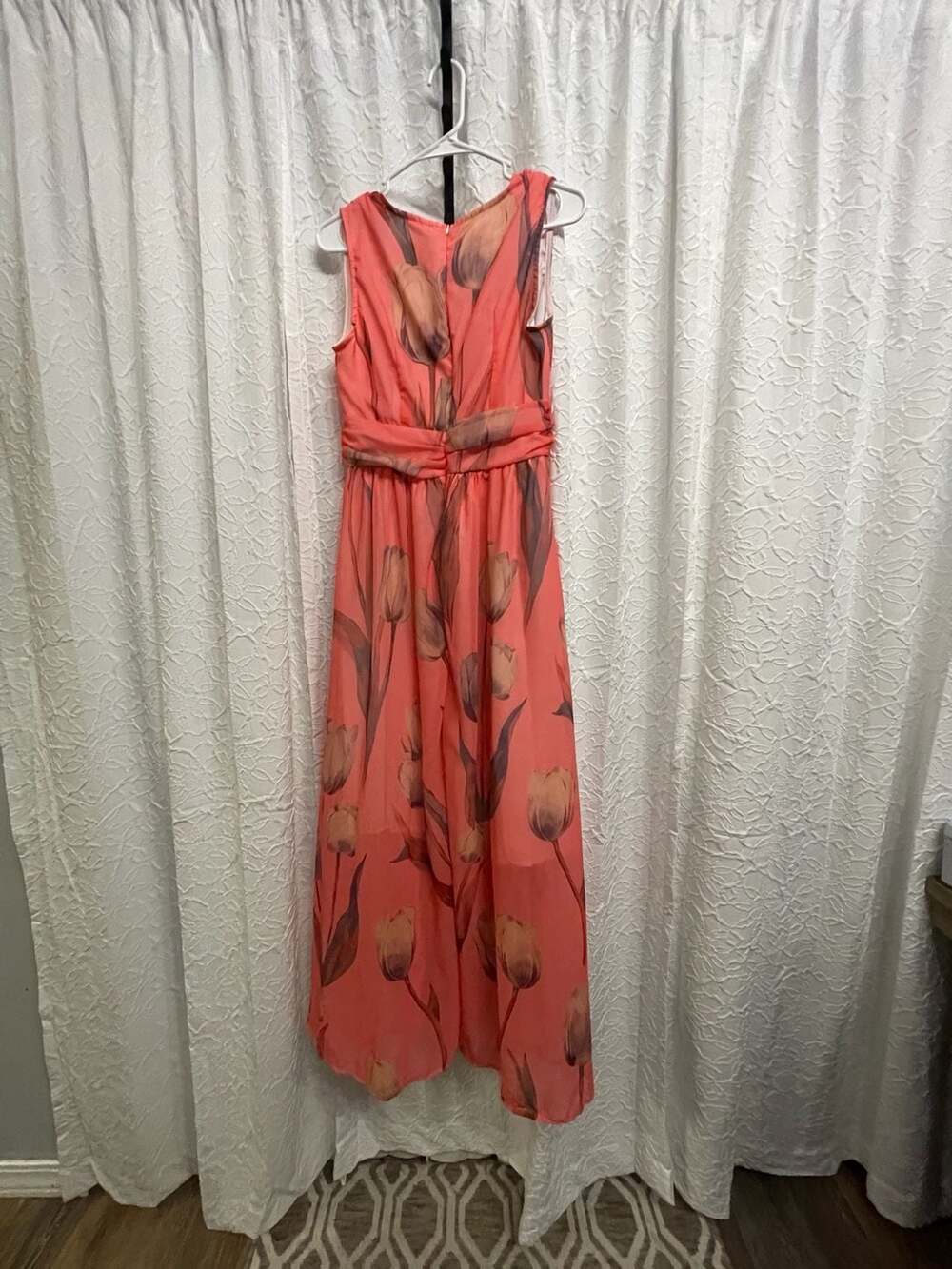 Floral Print V-Neck Maxi Dress Size M Pink Tulip Sleeveless Chiffon Gown - Picture 2 of 3
